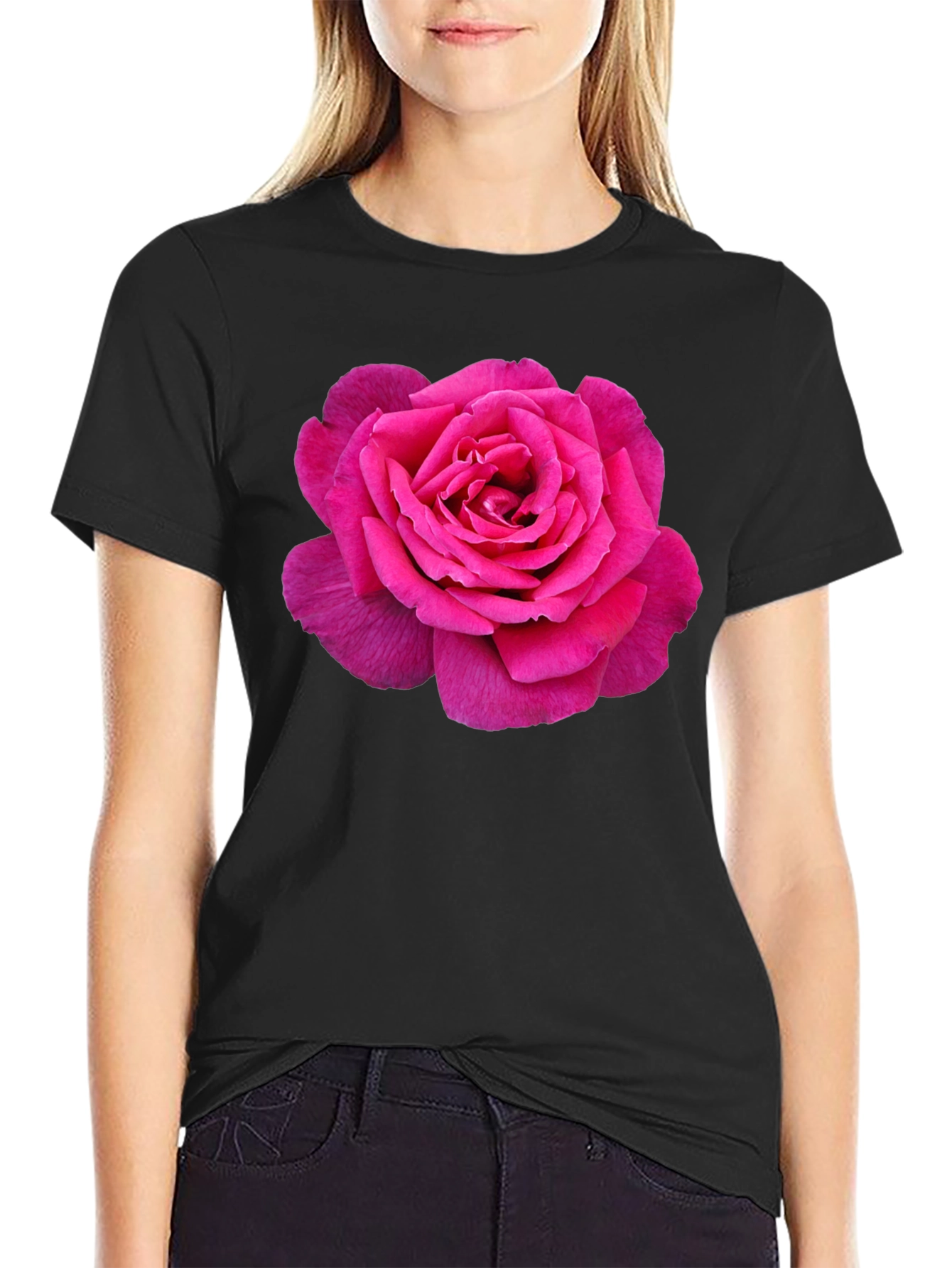 Pink Rose Graphic Black T-Shirt