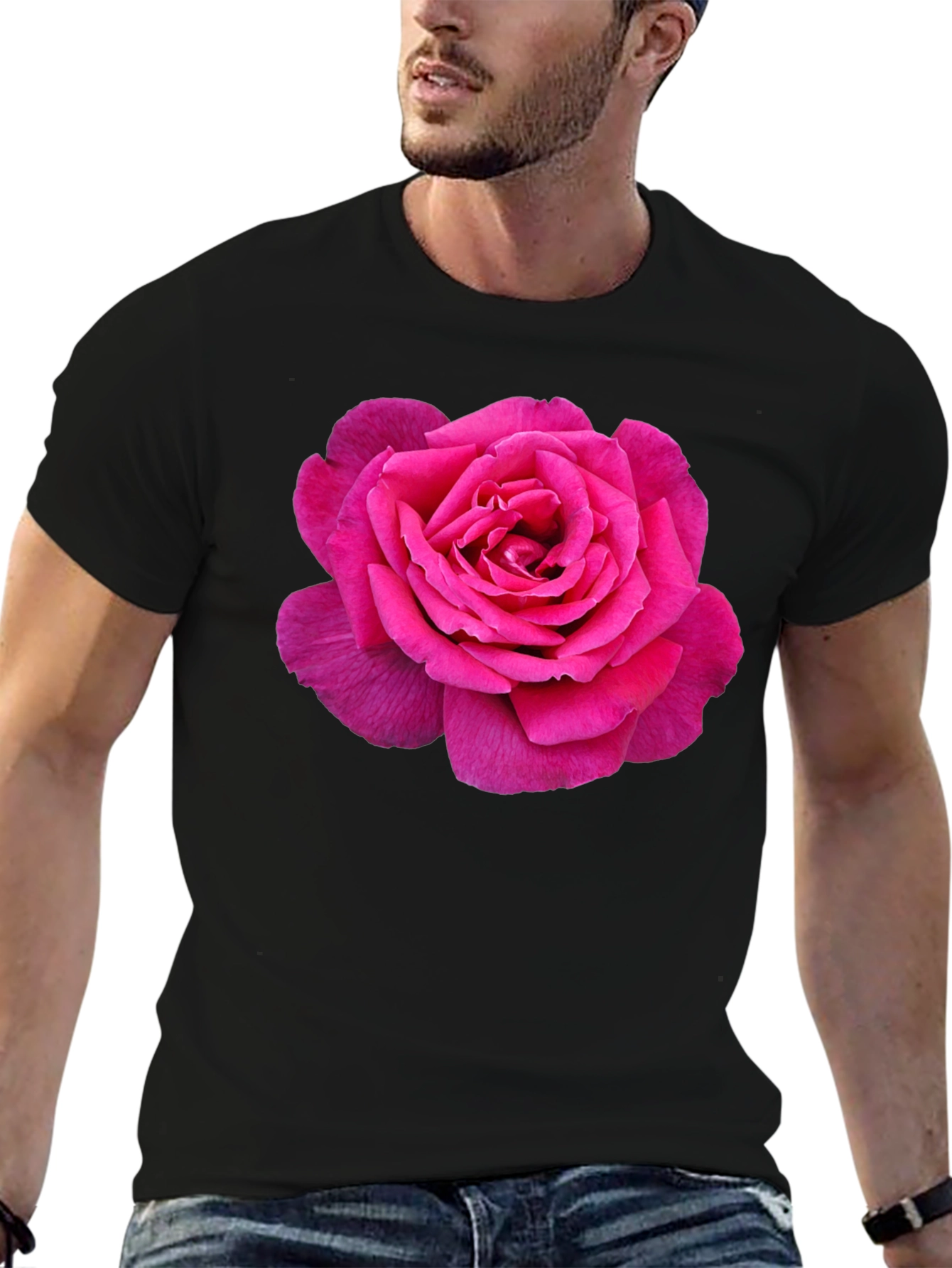 Pink Rose Graphic Black T-Shirt