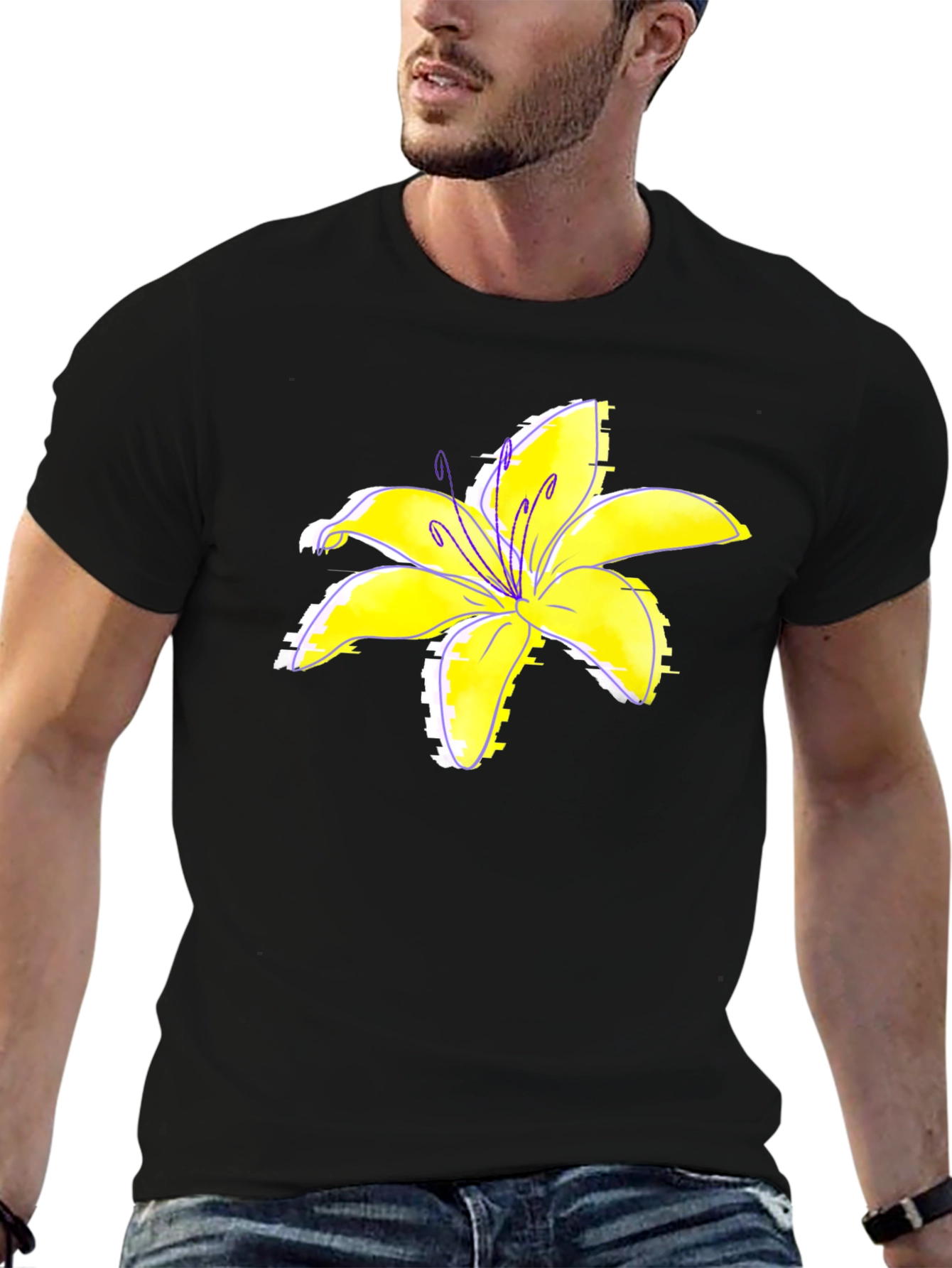 Black T-Shirt with Yellow Lily Flower Print