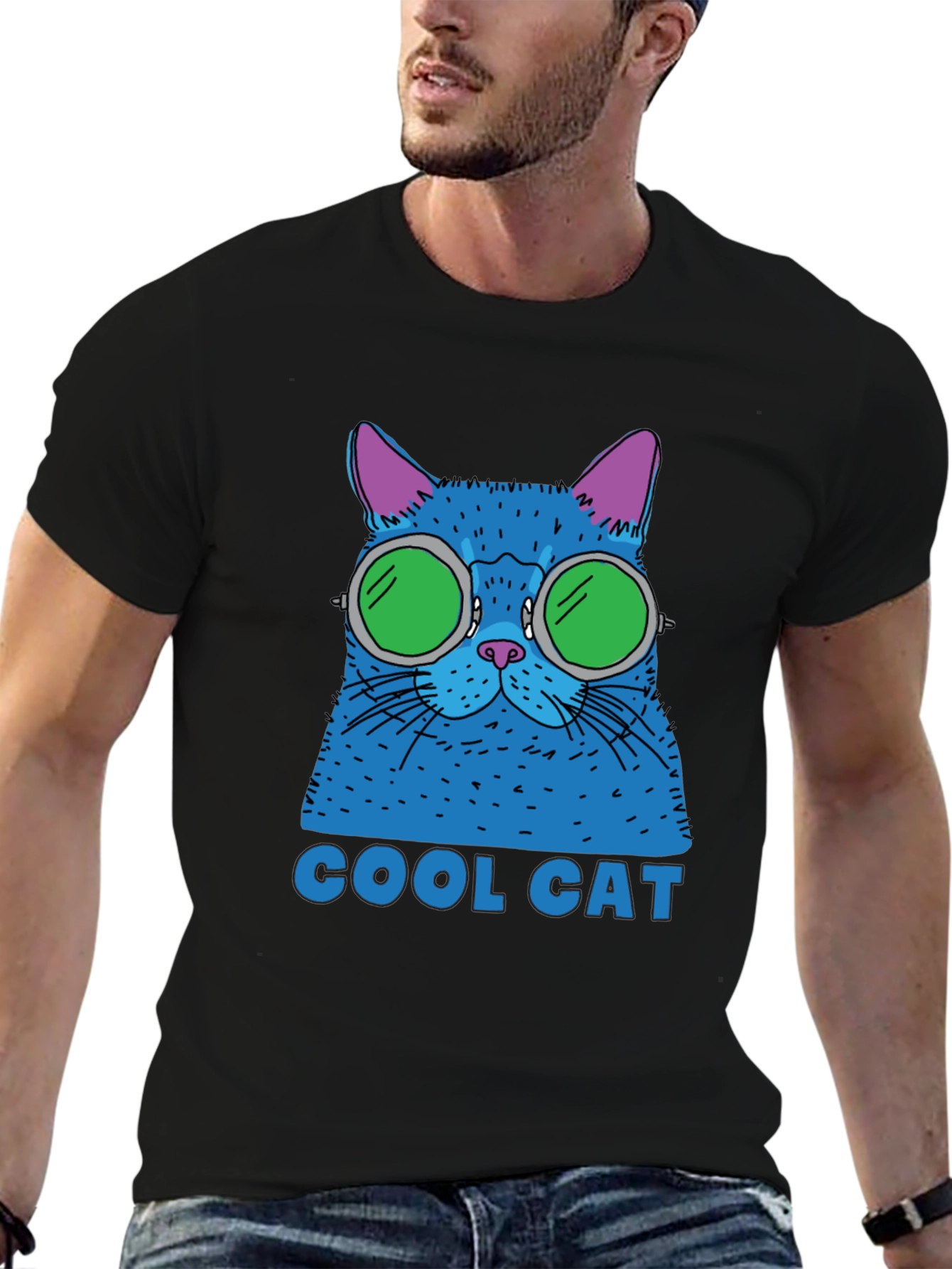 Cool Cat Graphic Tee - Black Cotton T-Shirt