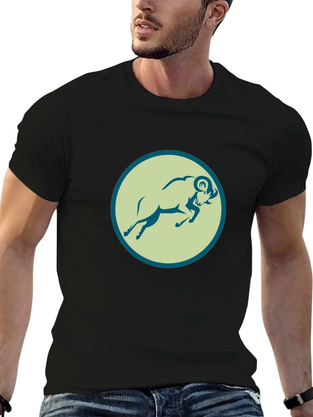 Black Tee with Ram Graphic Print