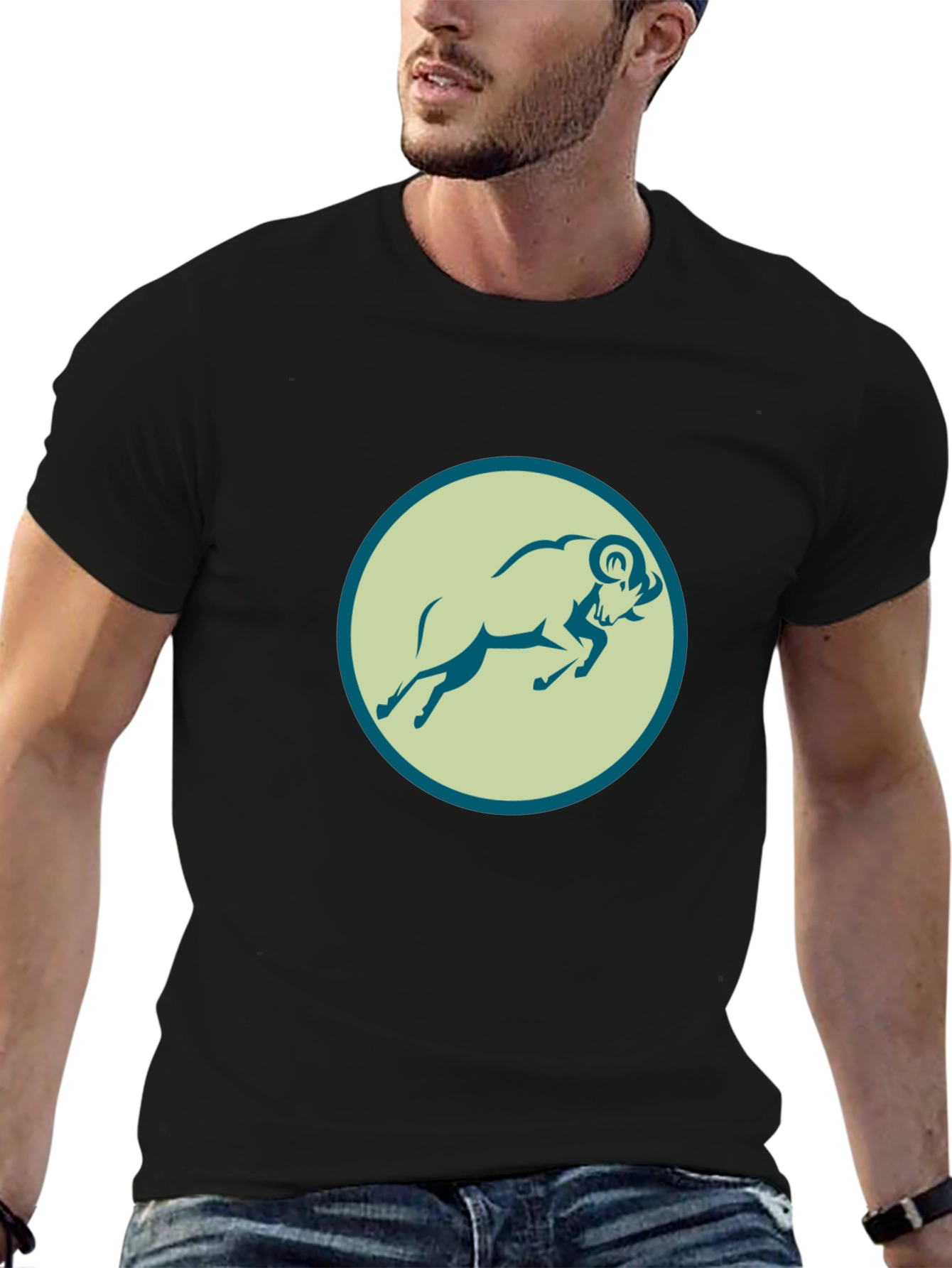 Black Tee with Ram Graphic Print