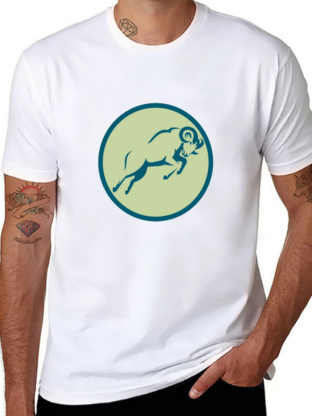 Black Tee with Ram Graphic Print