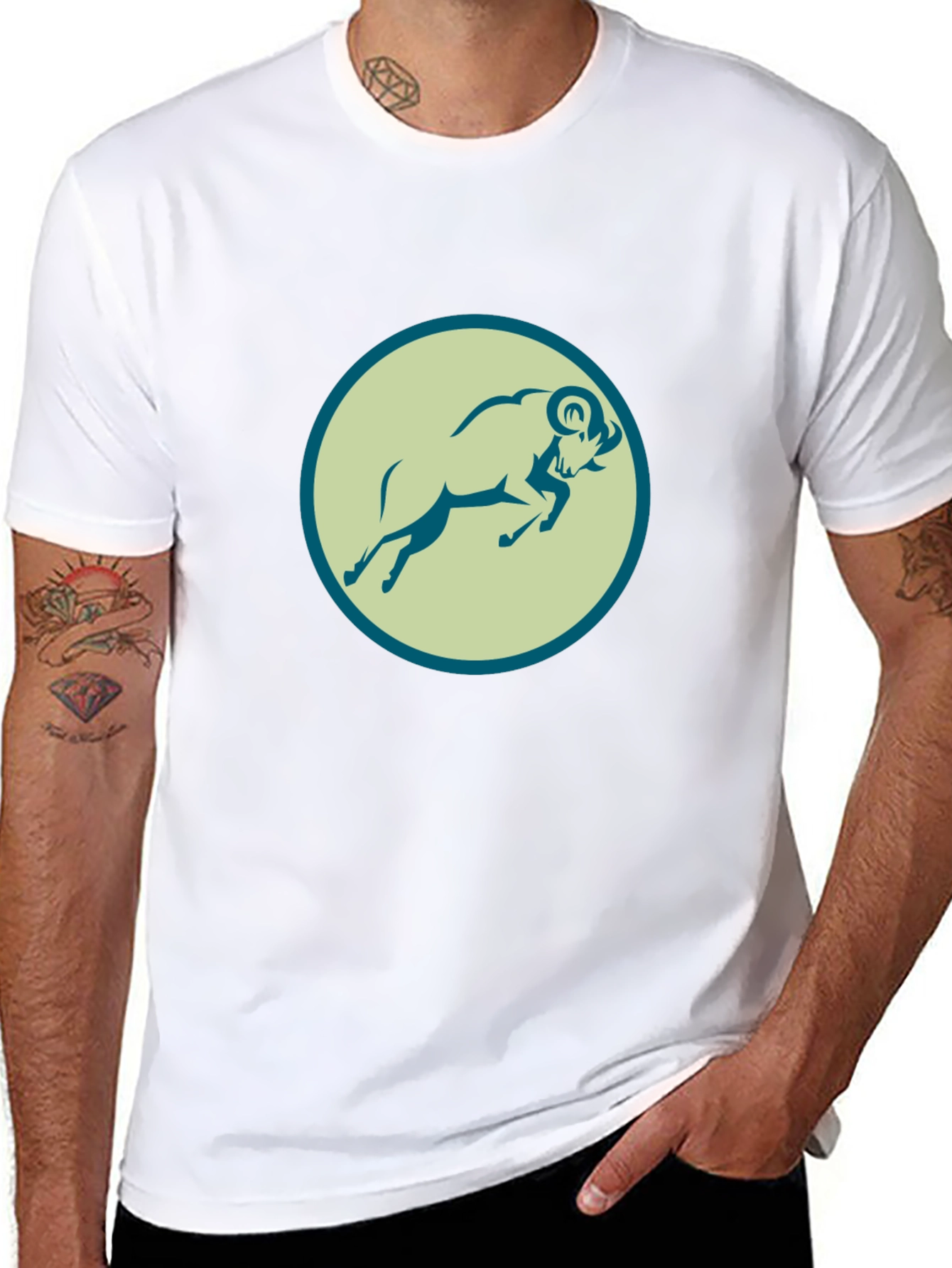 Black Tee with Ram Graphic Print