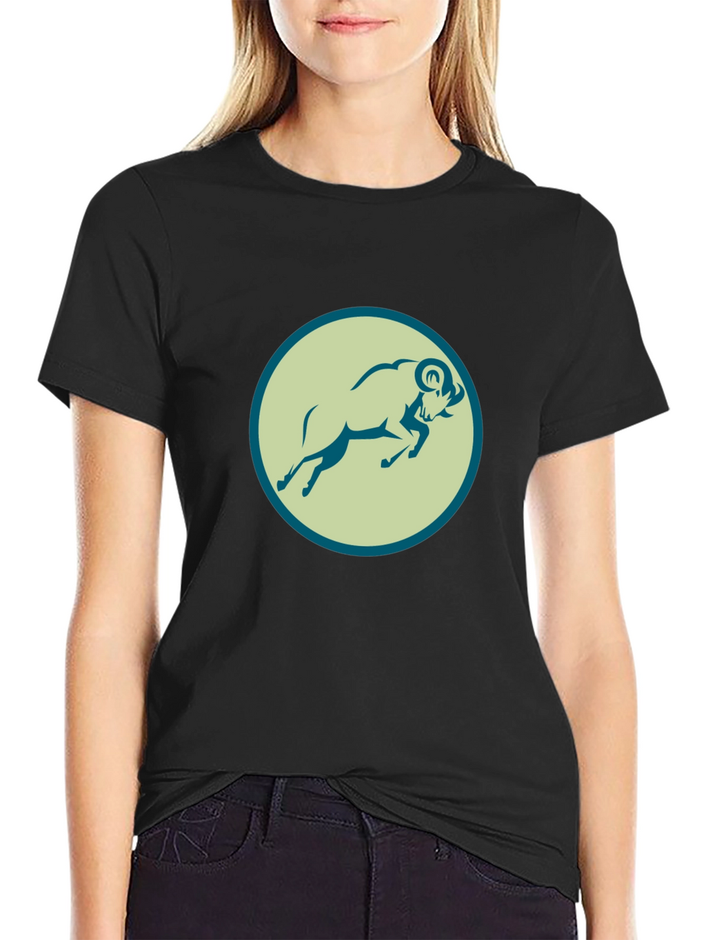 Black Tee with Ram Graphic Print