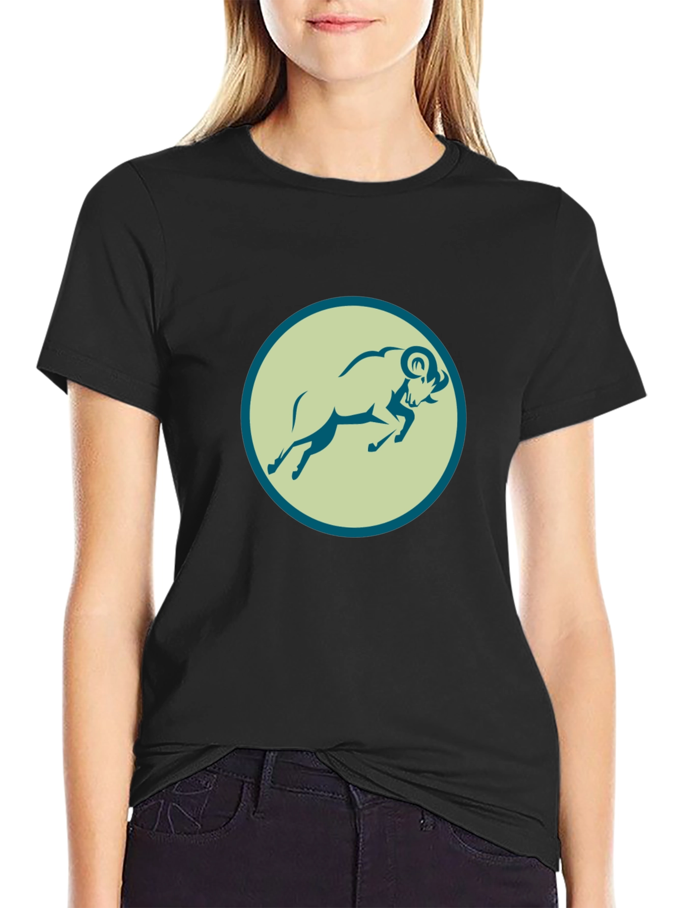 Black Tee with Ram Graphic Print