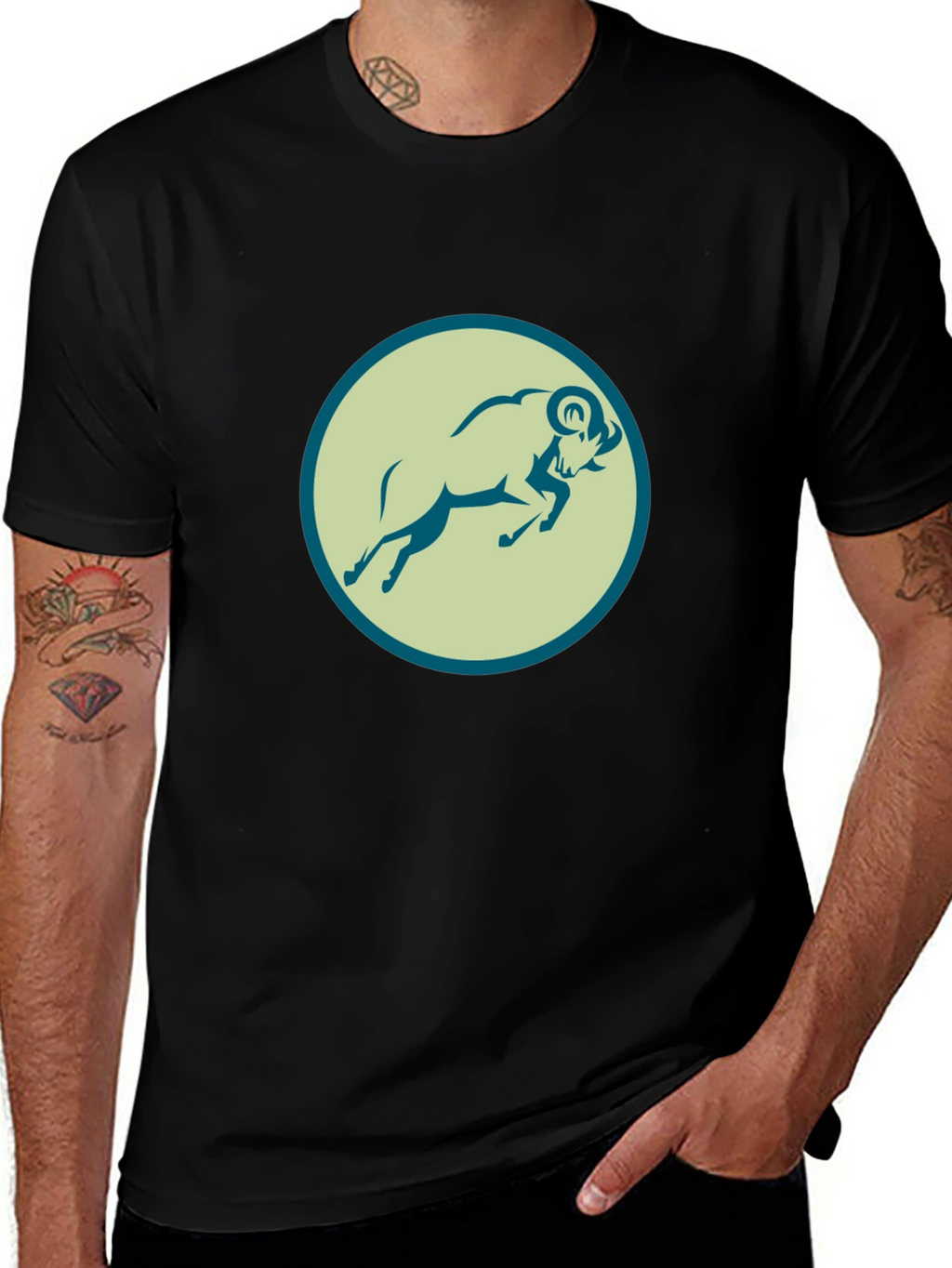 Black Tee with Ram Graphic Print