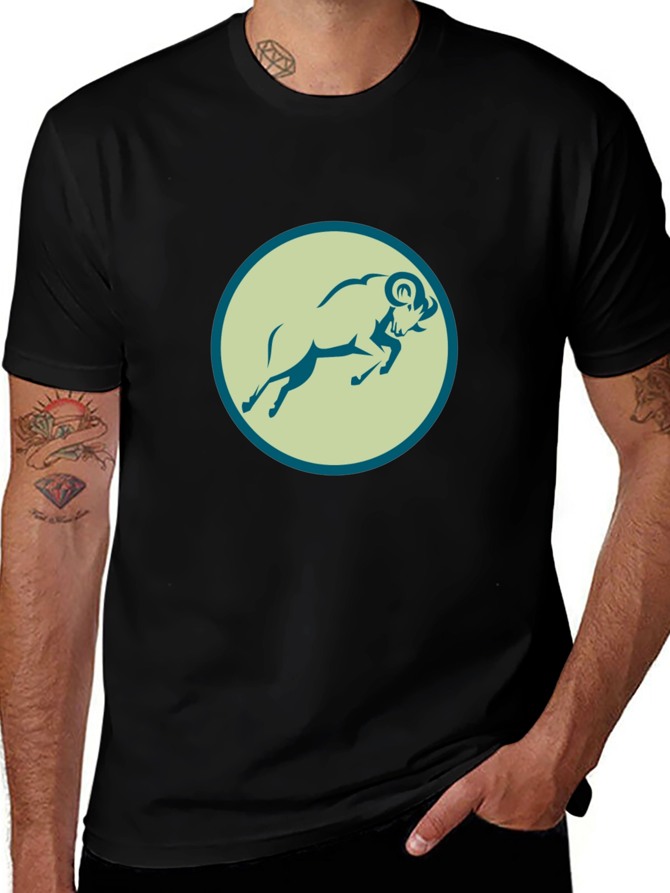 Black Tee with Ram Graphic Print