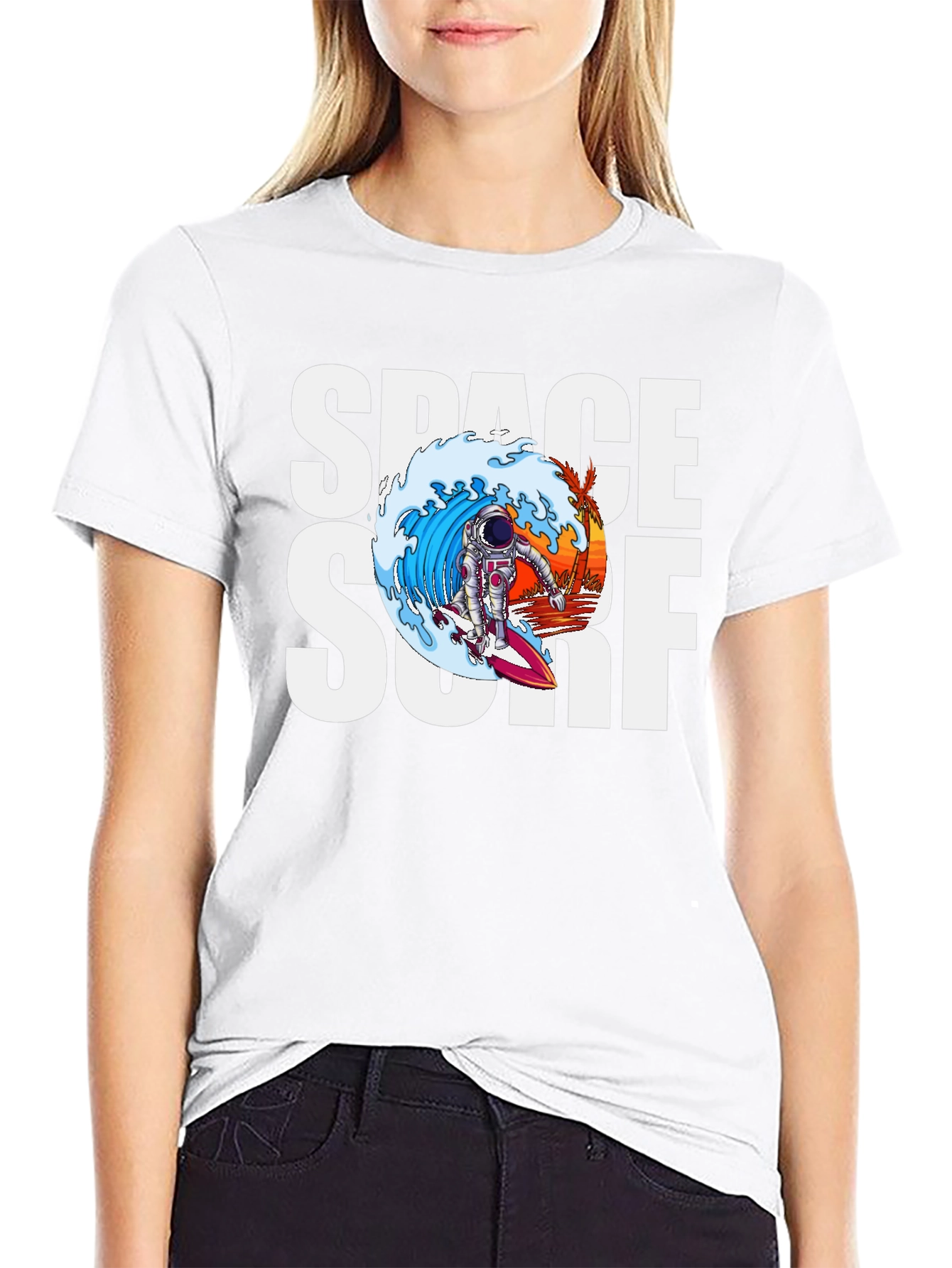 Space Surf Graphic Tee - Astronaut Surfing T-Shirt
