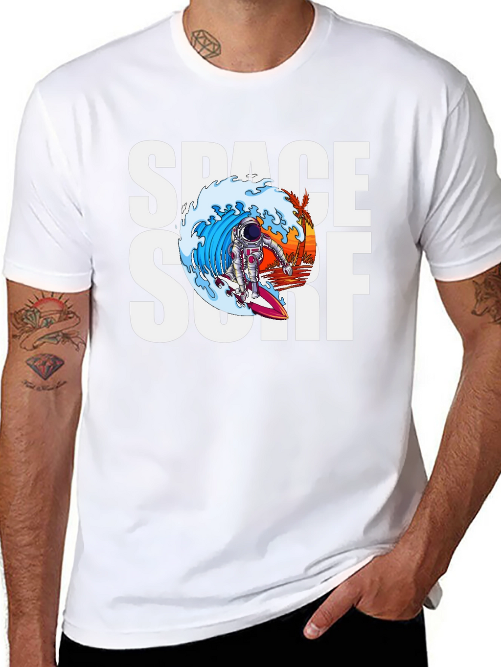 Space Surf Graphic Tee - Astronaut Surfing T-Shirt