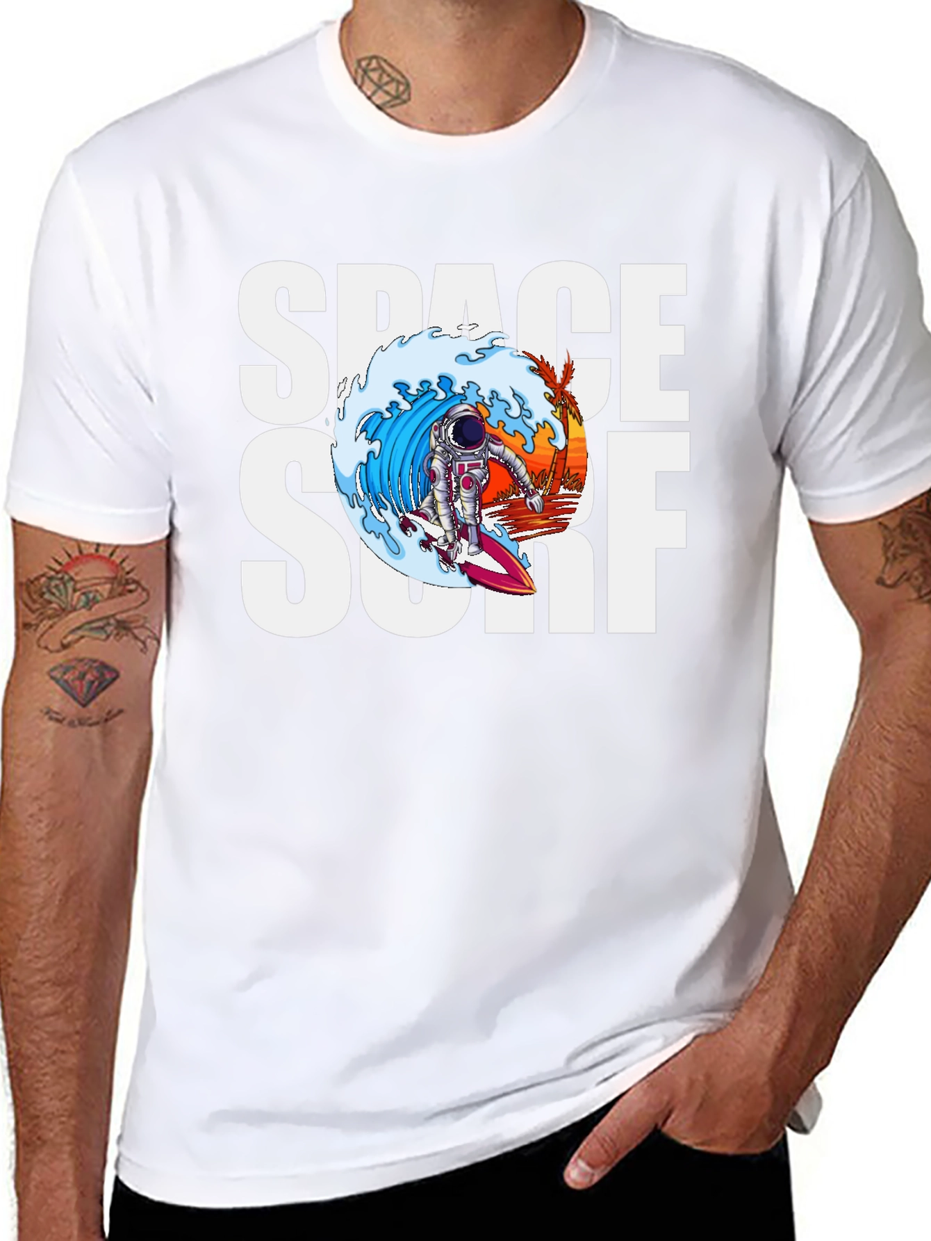 Space Surf Graphic Tee - Astronaut Surfing T-Shirt