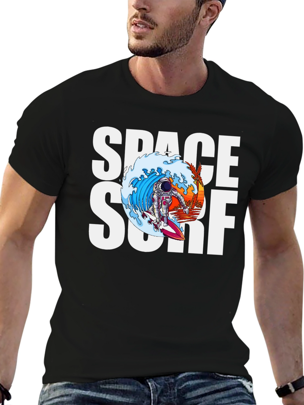 Space Surf Graphic Tee - Astronaut Surfing T-Shirt