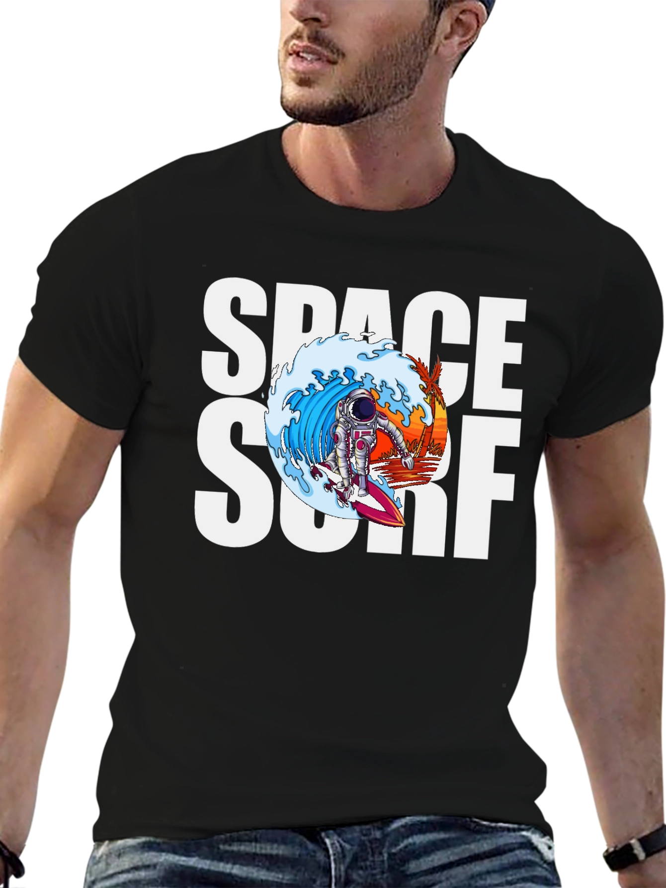 Space Surf Graphic Tee - Astronaut Surfing T-Shirt