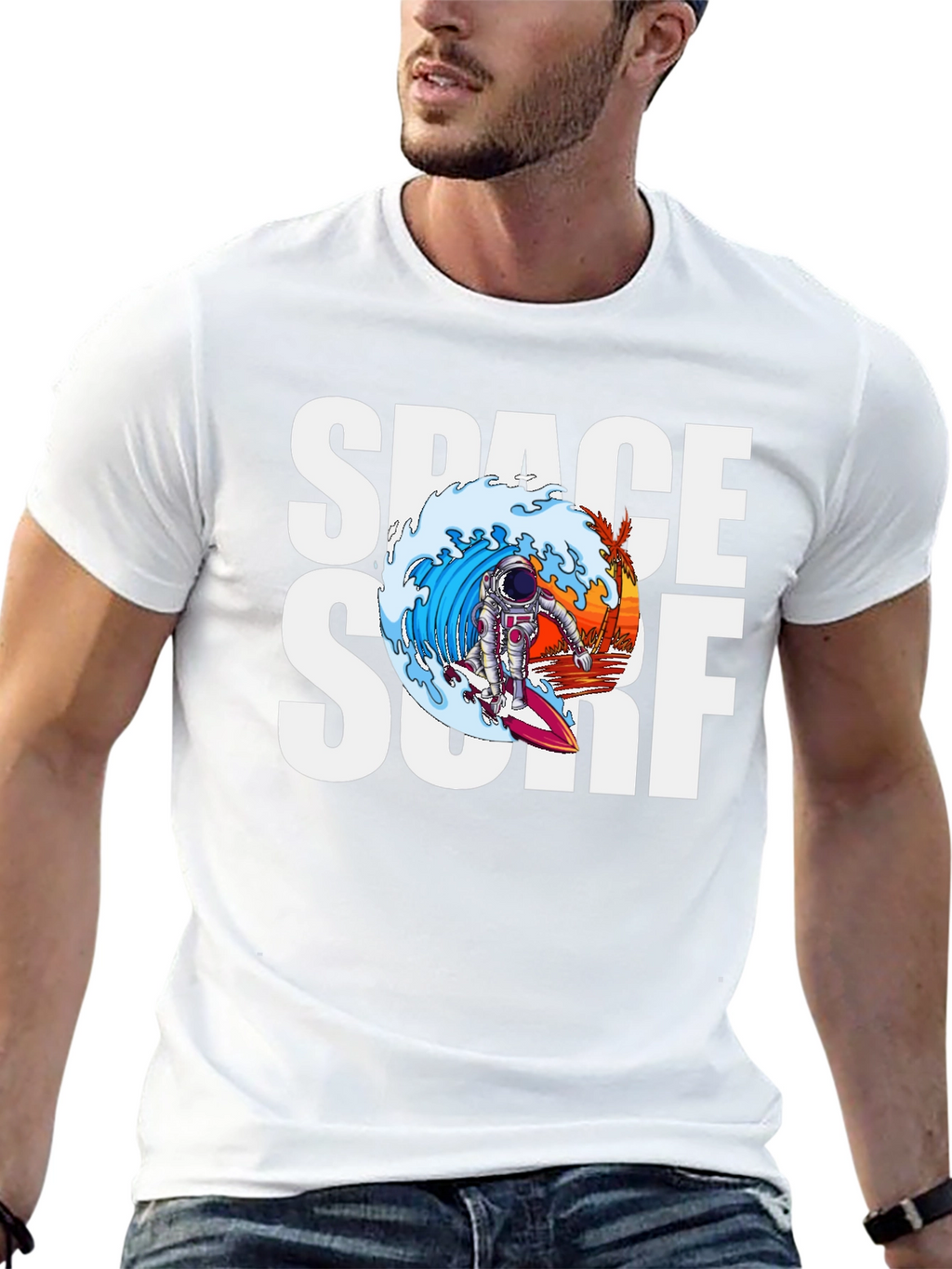 Space Surf Graphic Tee - Astronaut Surfing T-Shirt