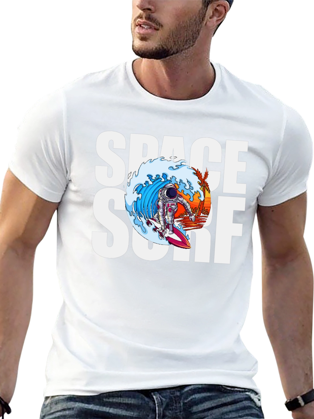 Space Surf Graphic Tee - Astronaut Surfing T-Shirt