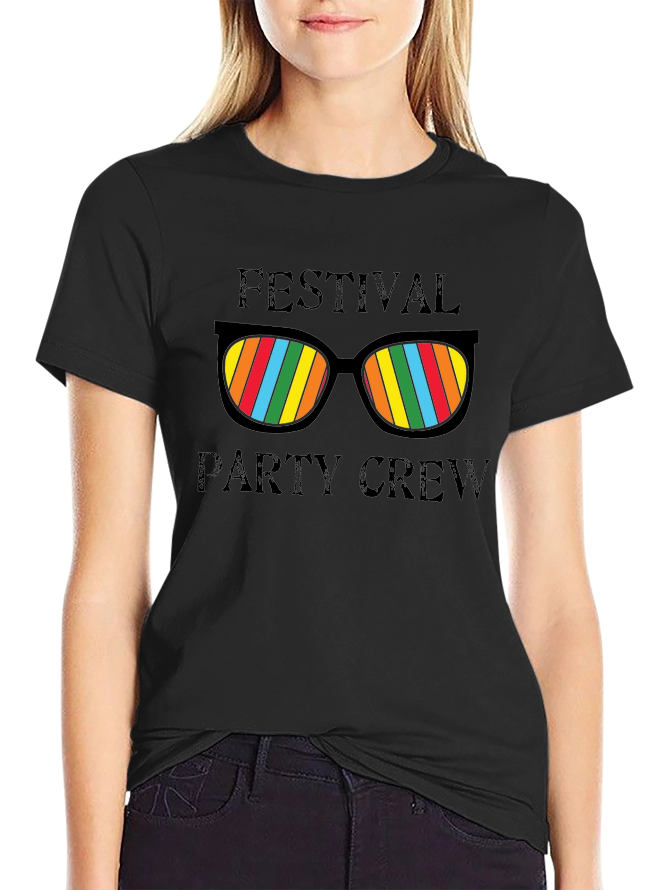 Festival Party Crew T-Shirt - Fun Rainbow Sunglasses Design
