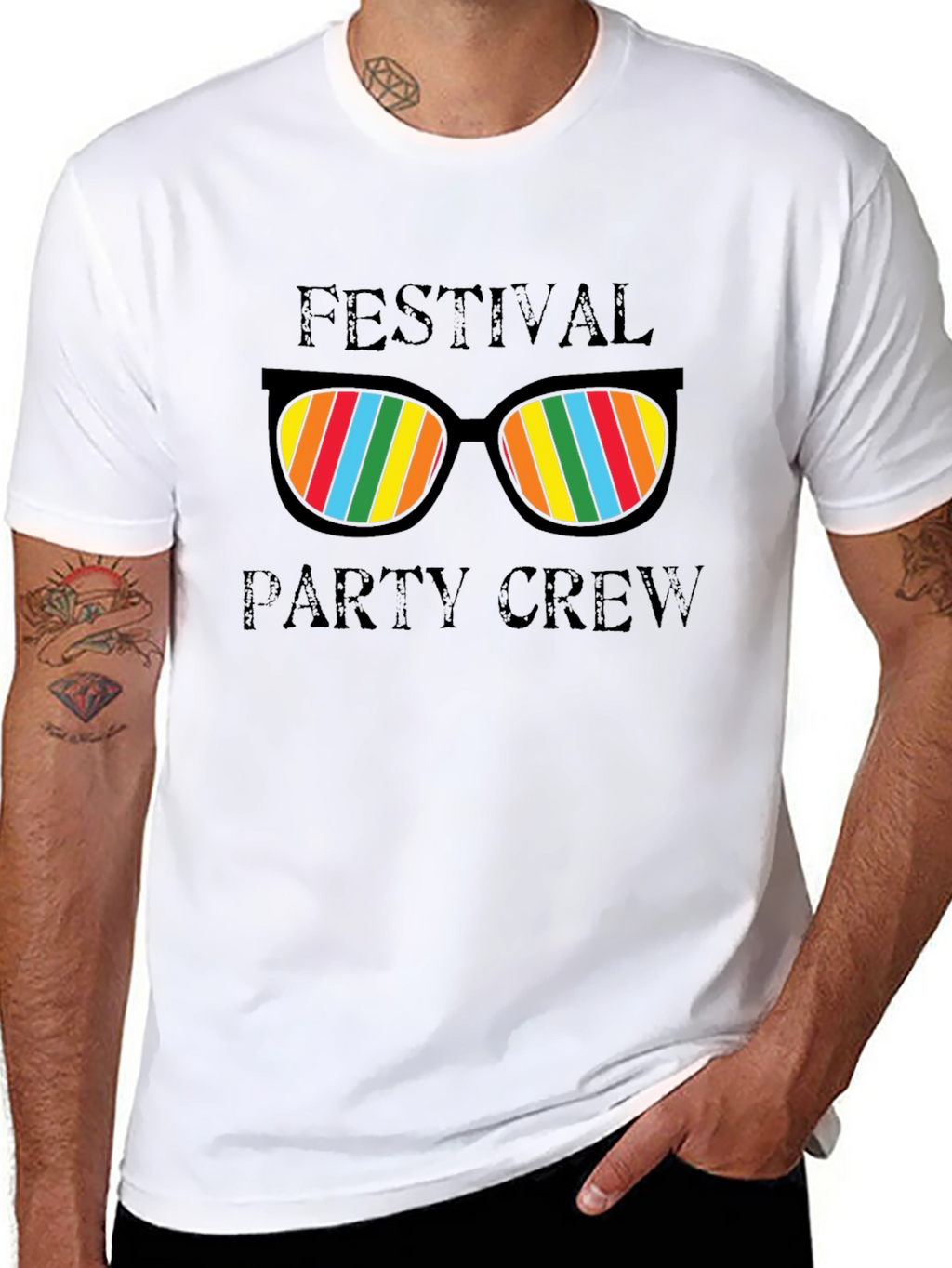 Festival Party Crew T-Shirt - Fun Rainbow Sunglasses Design
