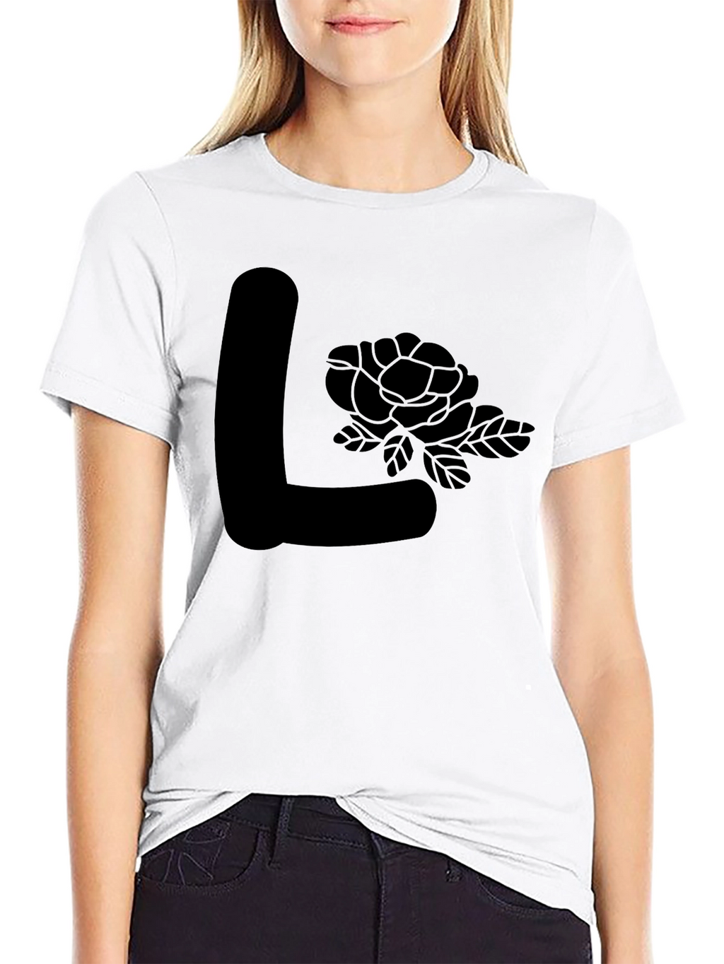 Black L Initial Rose Graphic Tee