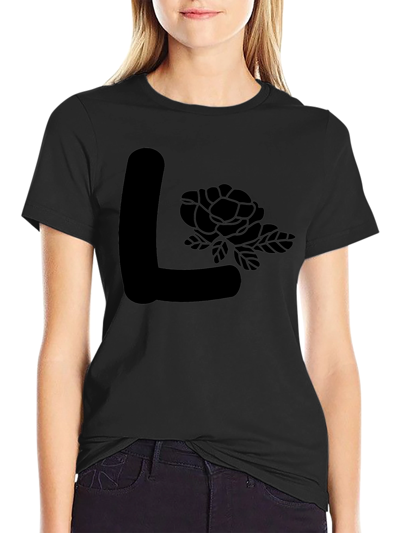 Black L Initial Rose Graphic Tee