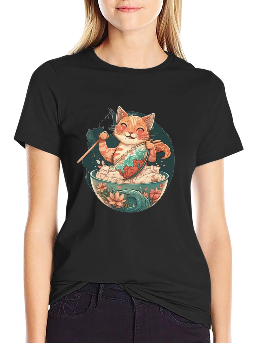 Cat Ramen Bowl Black T-Shirt