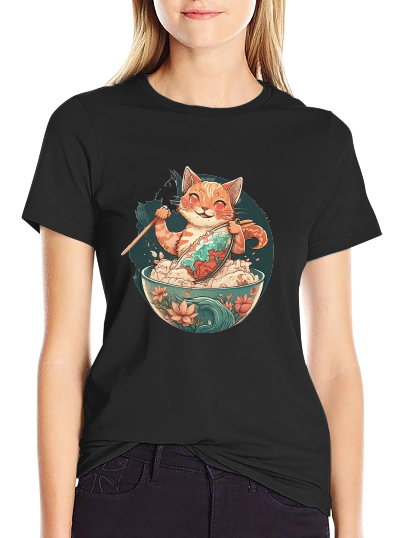 Cat Ramen Bowl Black T-Shirt