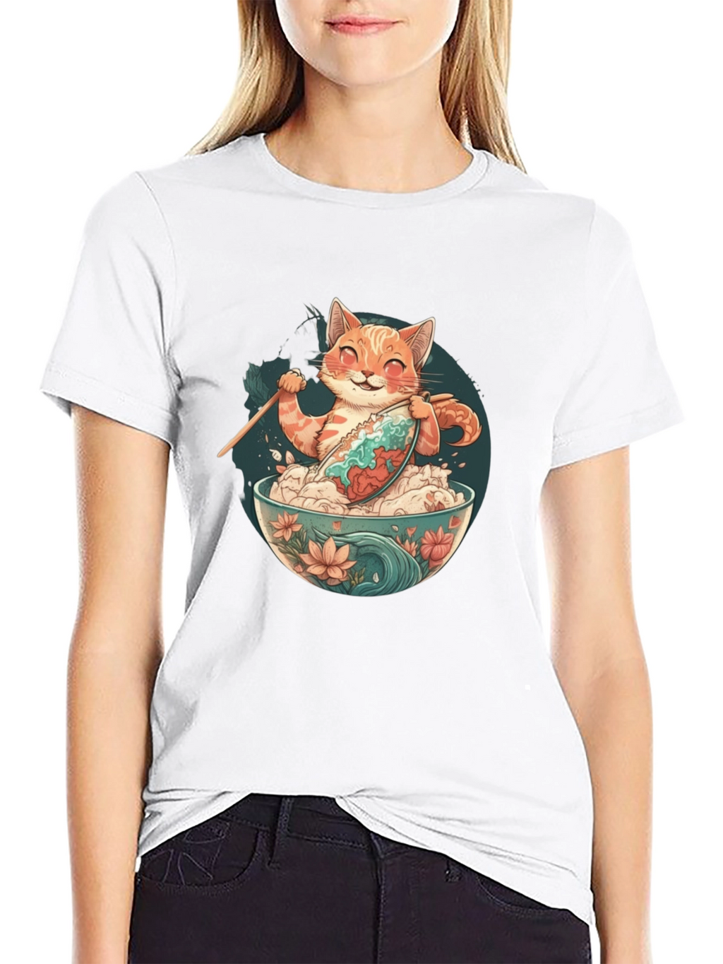 Cat Ramen Bowl Black T-Shirt