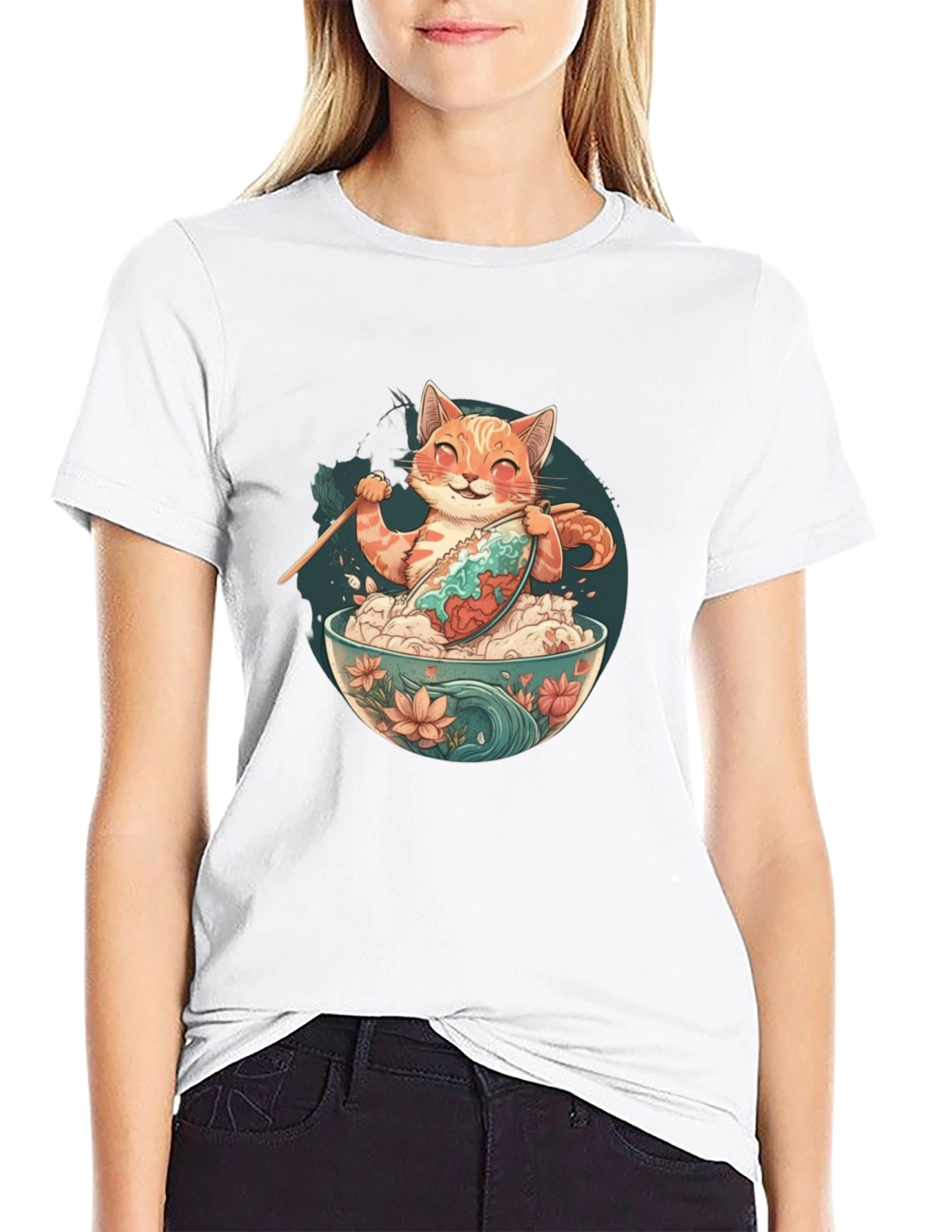 Cat Ramen Bowl Black T-Shirt