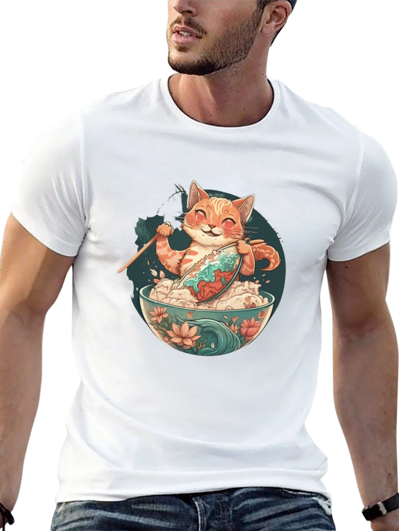 Cat Ramen Bowl Black T-Shirt