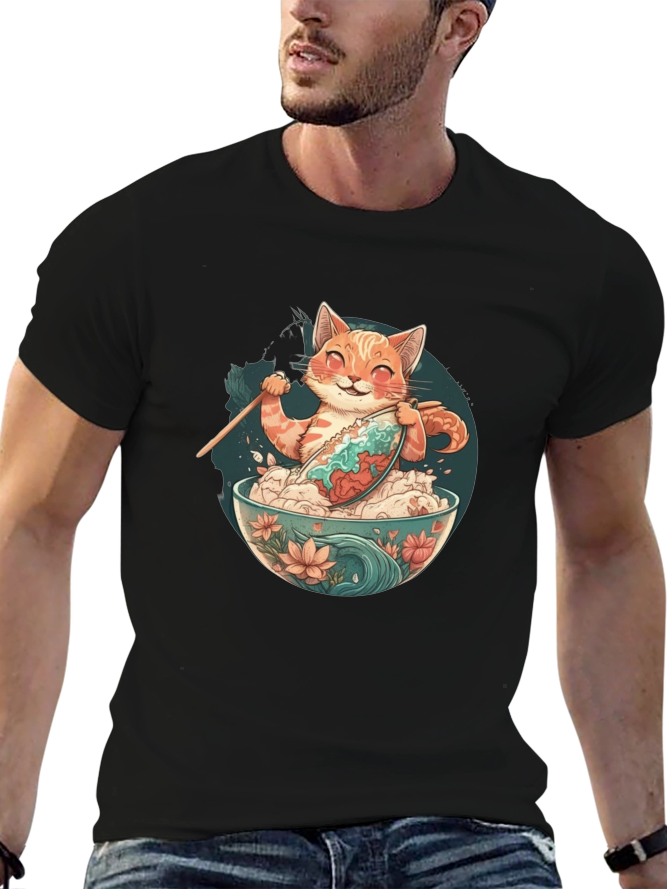 Cat Ramen Bowl Black T-Shirt