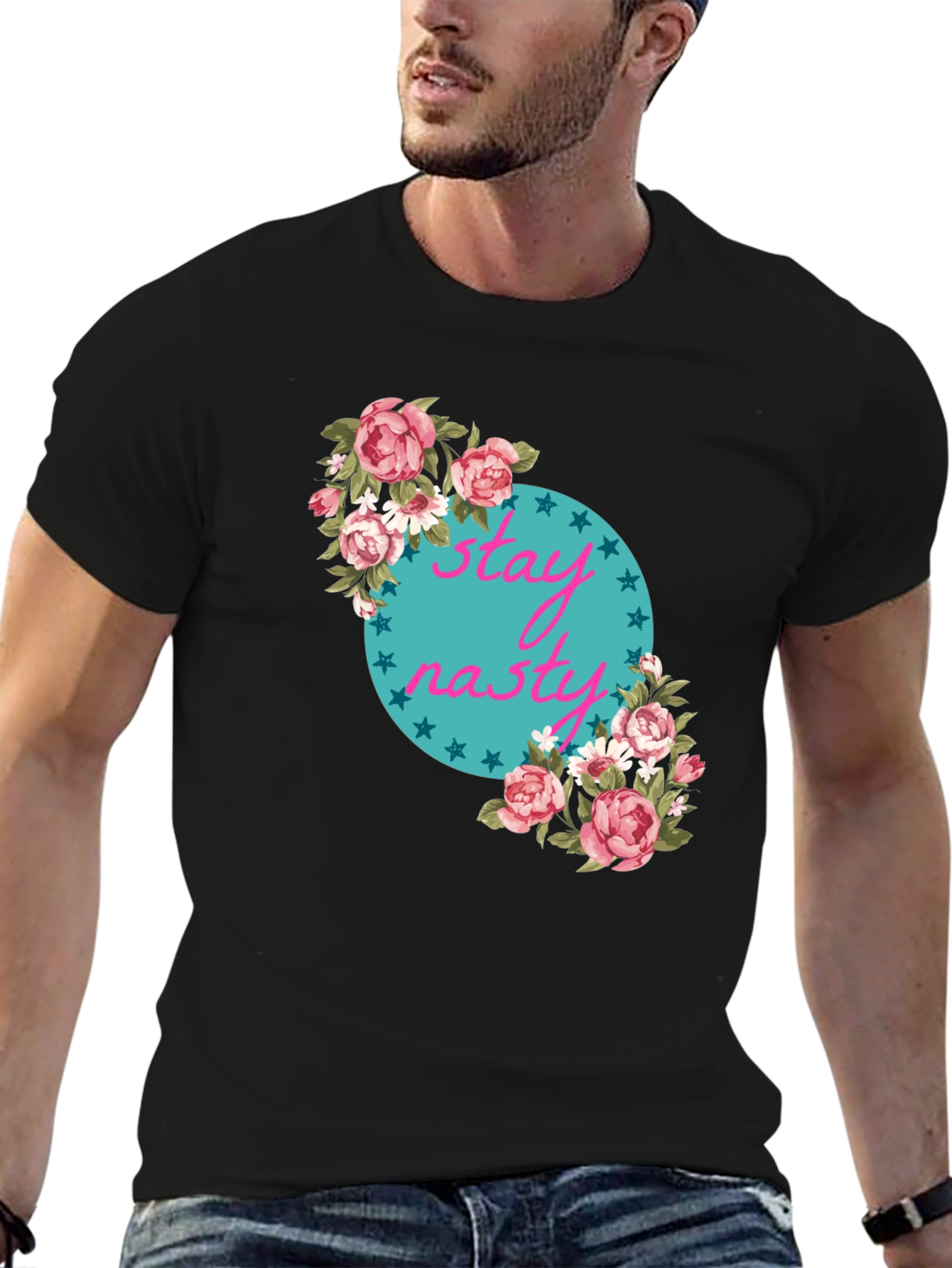 Stay Nasty Floral Graphic Tee - Trendy Black T-Shirt