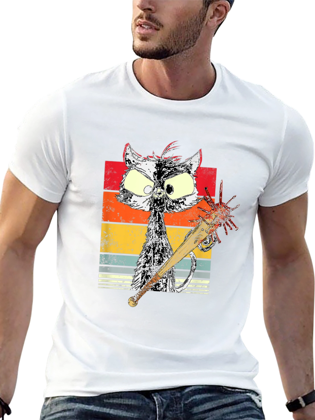 Retro Cat with Spiked Bat Graphic Tee