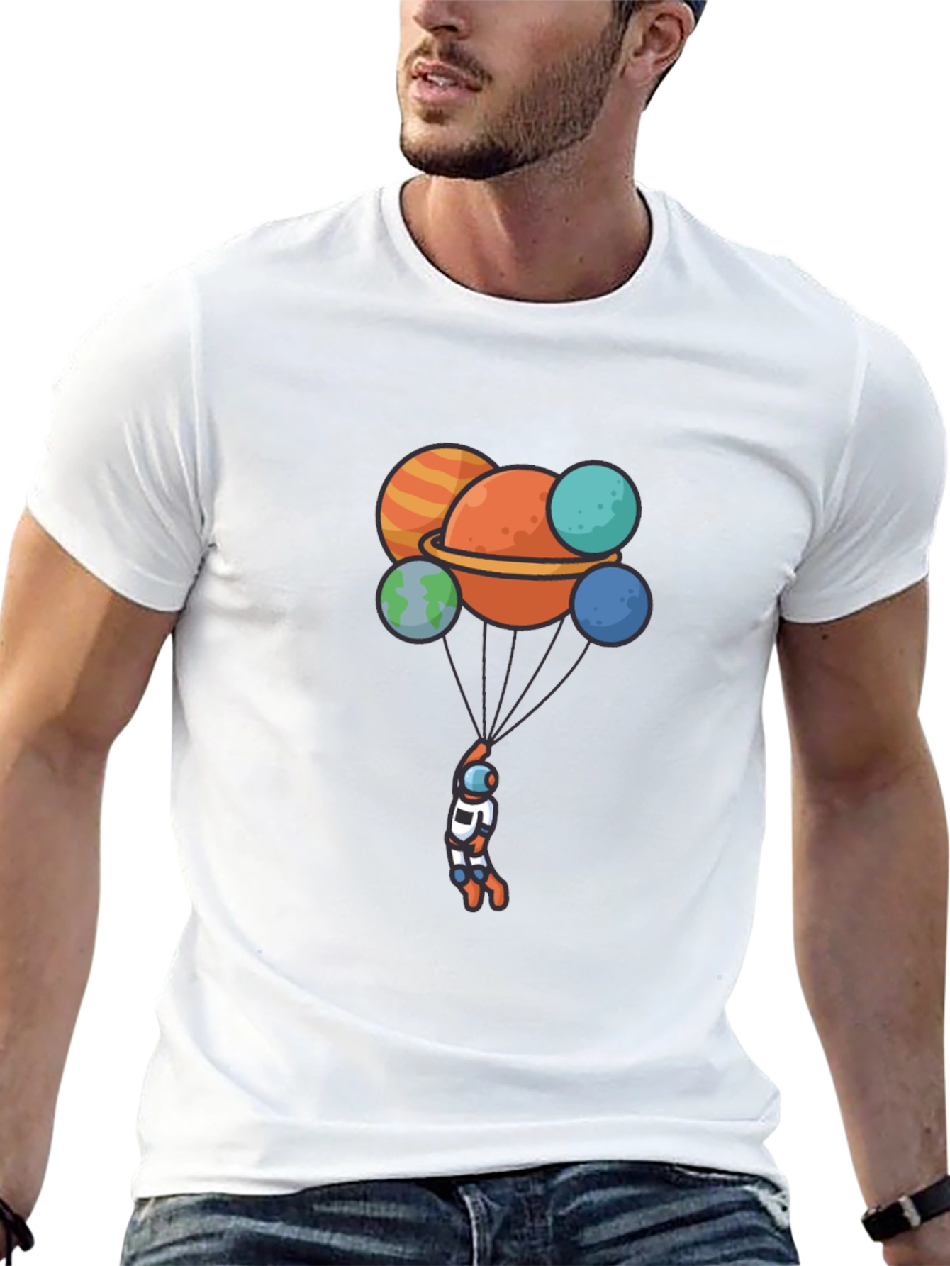 Astronaut Planet Balloon Graphic Black T-Shirt