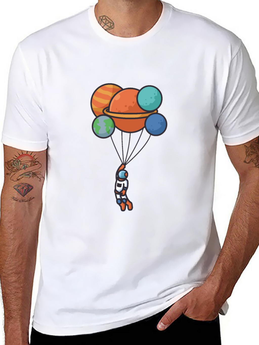 Astronaut Planet Balloon Graphic Black T-Shirt