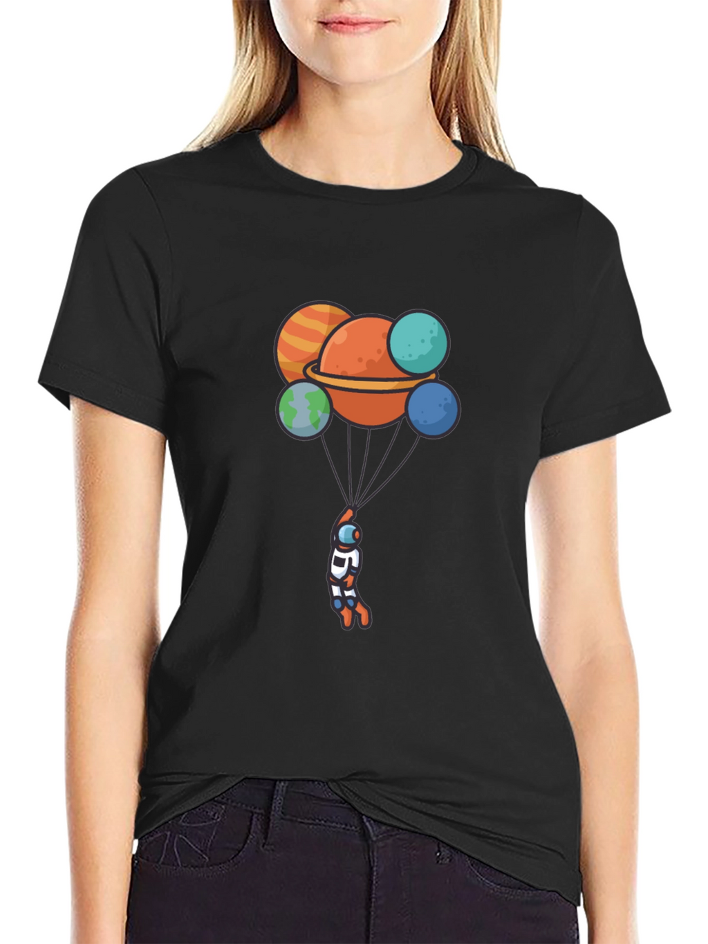 Astronaut Planet Balloon Graphic Black T-Shirt