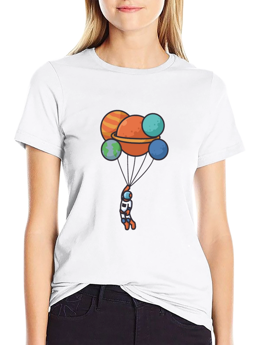 Astronaut Planet Balloon Graphic Black T-Shirt