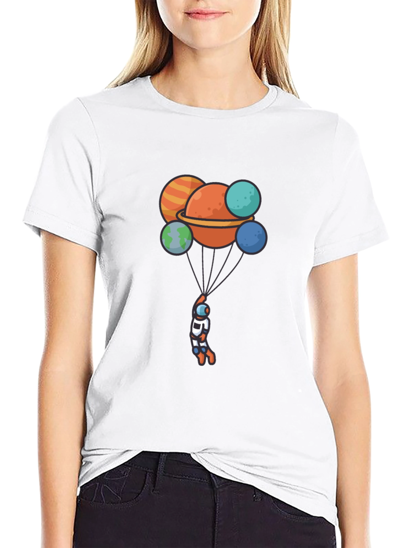 Astronaut Planet Balloon Graphic Black T-Shirt