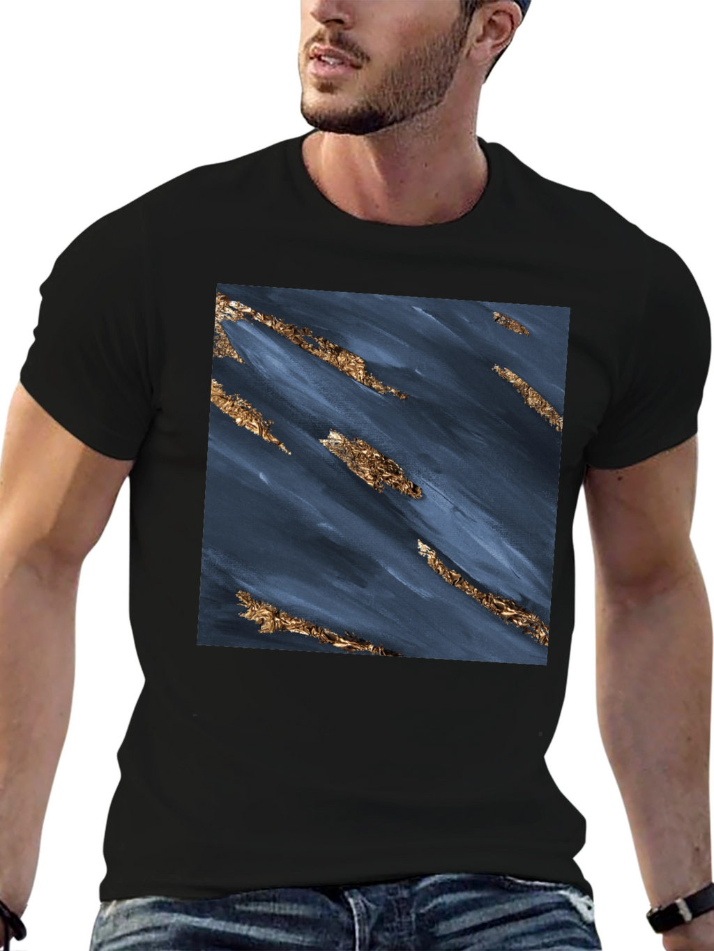 Abstract Navy & Gold Foil Print Black T-Shirt