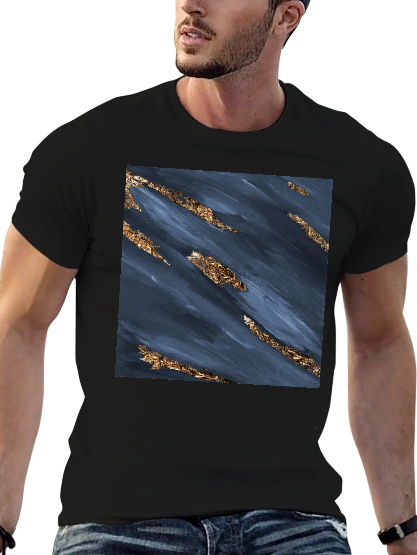 Abstract Navy & Gold Foil Print Black T-Shirt