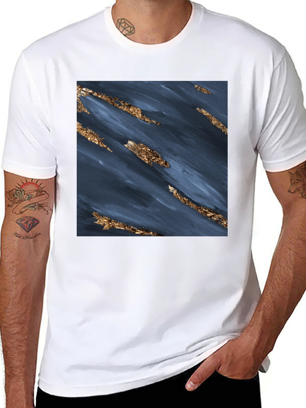 Abstract Navy & Gold Foil Print Black T-Shirt