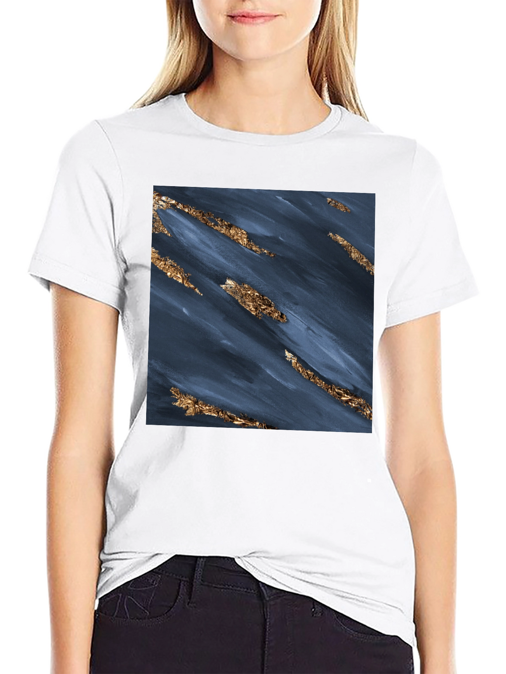 Abstract Navy & Gold Foil Print Black T-Shirt