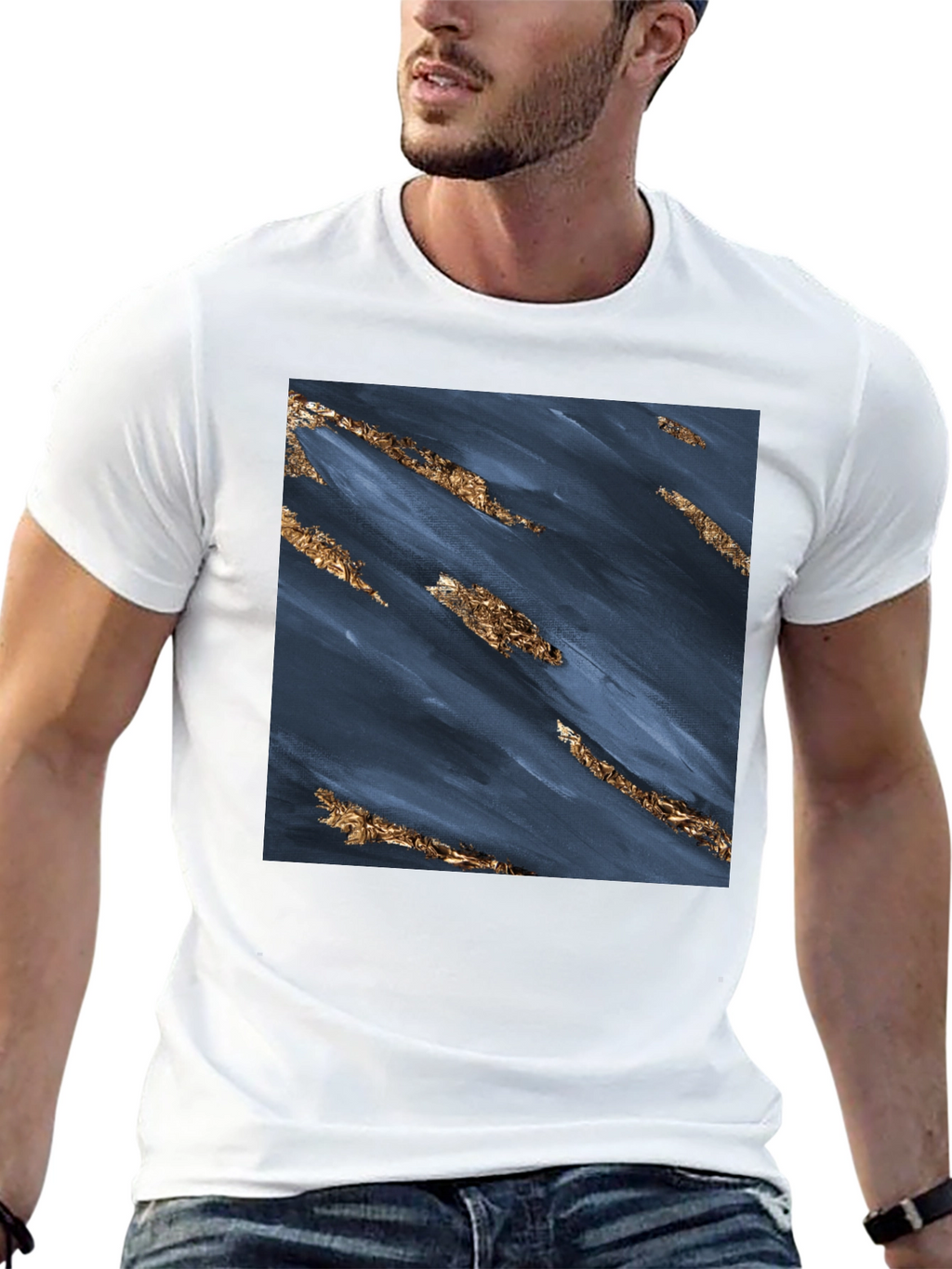 Abstract Navy & Gold Foil Print Black T-Shirt