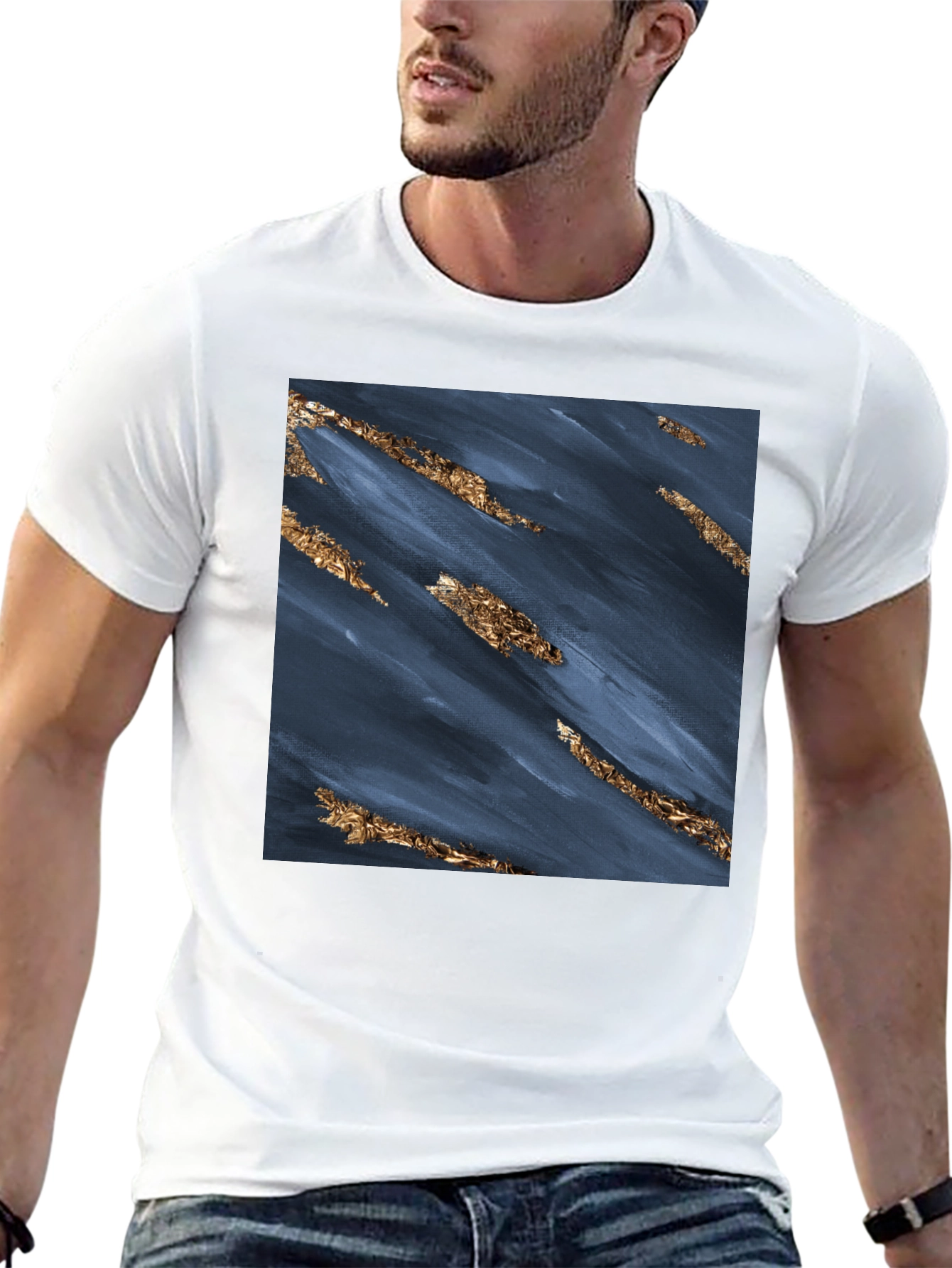 Abstract Navy & Gold Foil Print Black T-Shirt