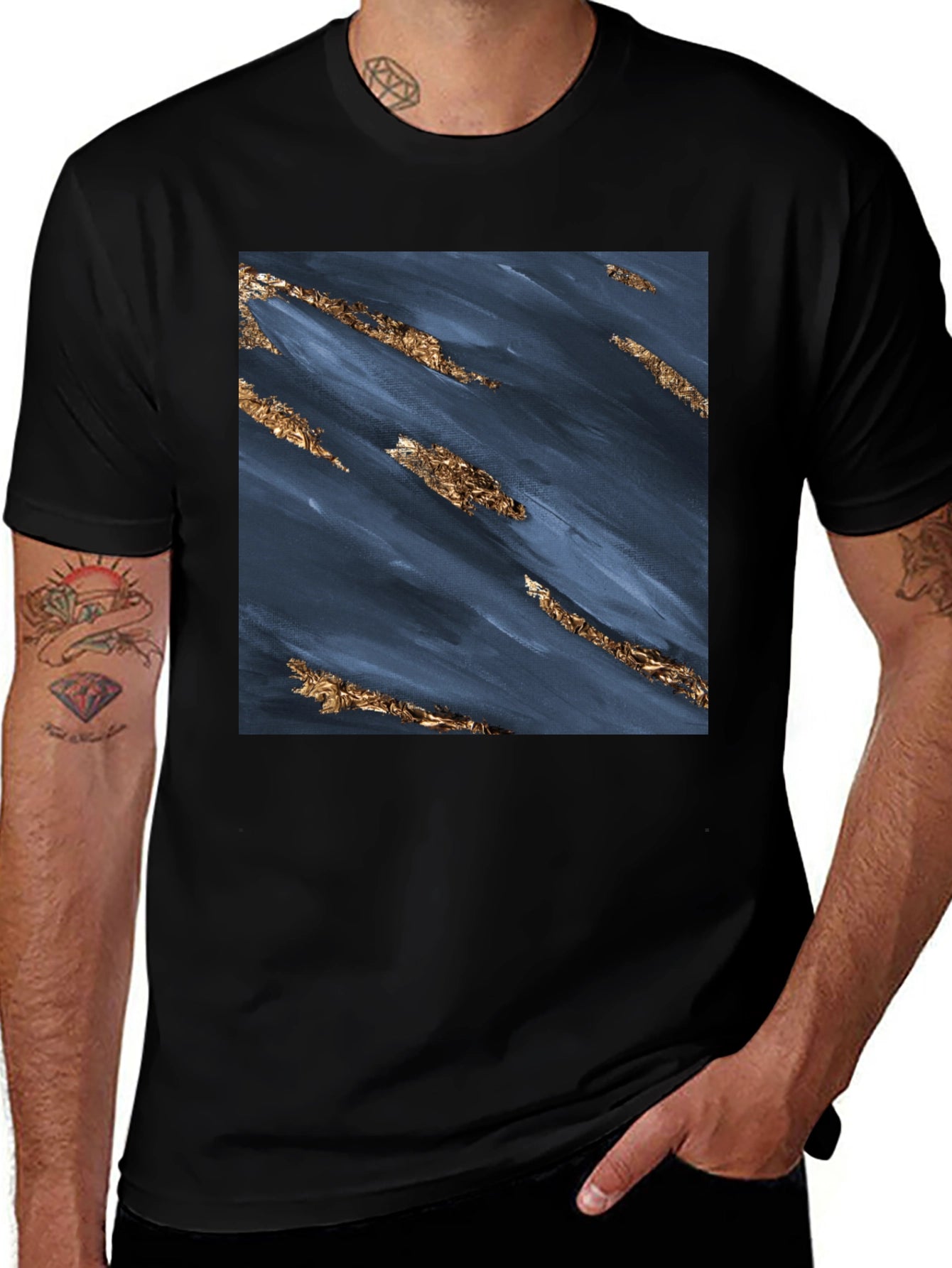 Abstract Navy & Gold Foil Print Black T-Shirt
