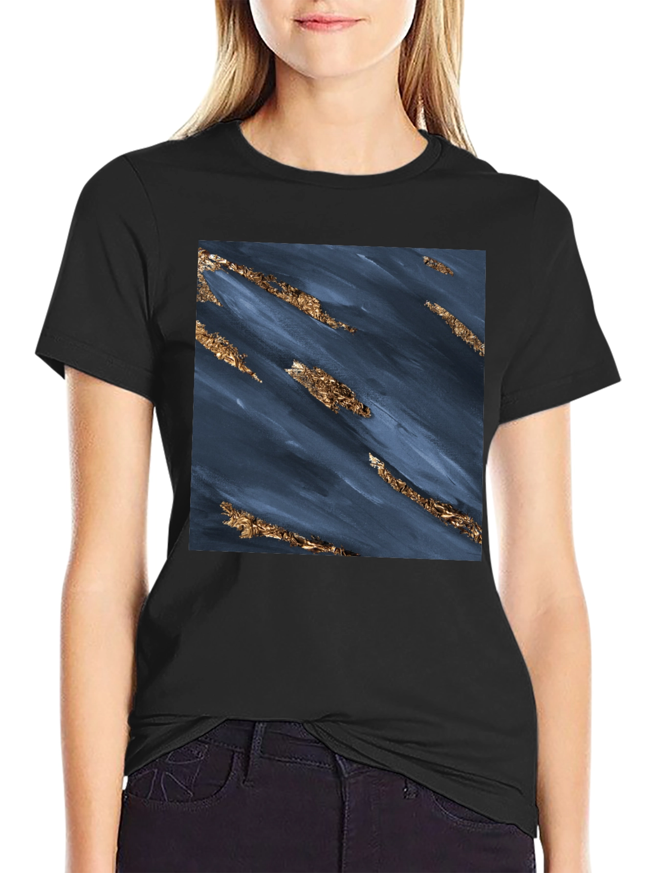 Abstract Navy & Gold Foil Print Black T-Shirt