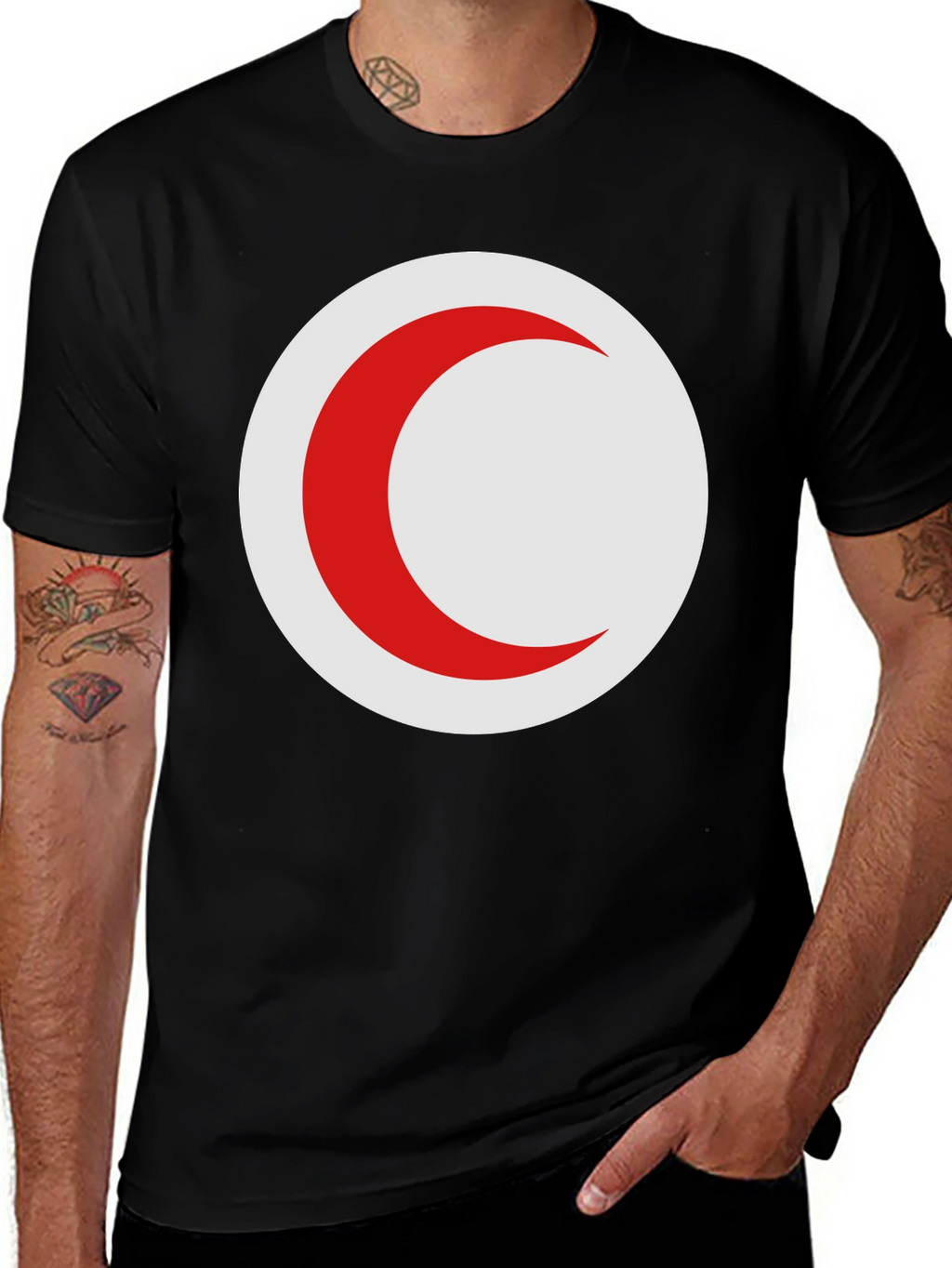 Red Crescent Moon on Black T-Shirt