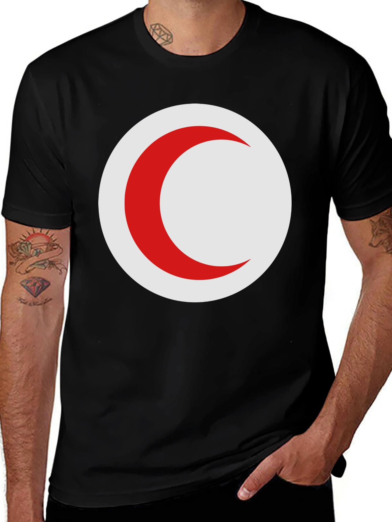 Red Crescent Moon on Black T-Shirt