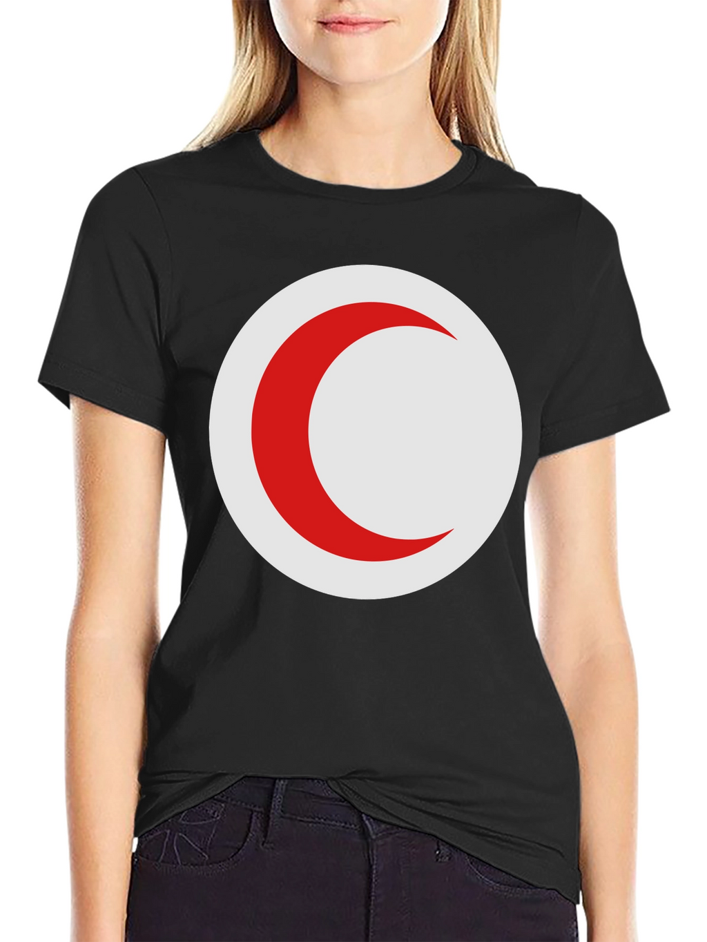 Red Crescent Moon on Black T-Shirt