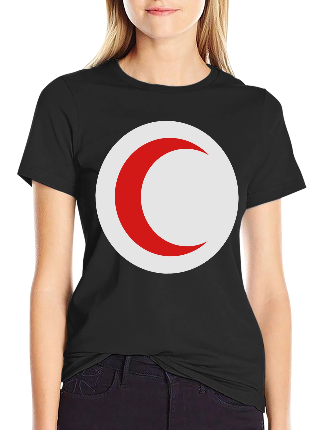 Red Crescent Moon on Black T-Shirt