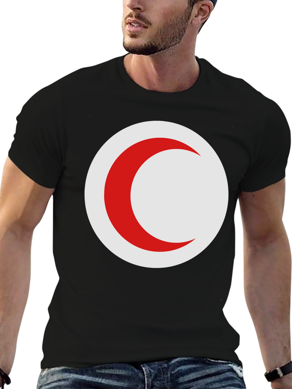 Red Crescent Moon on Black T-Shirt