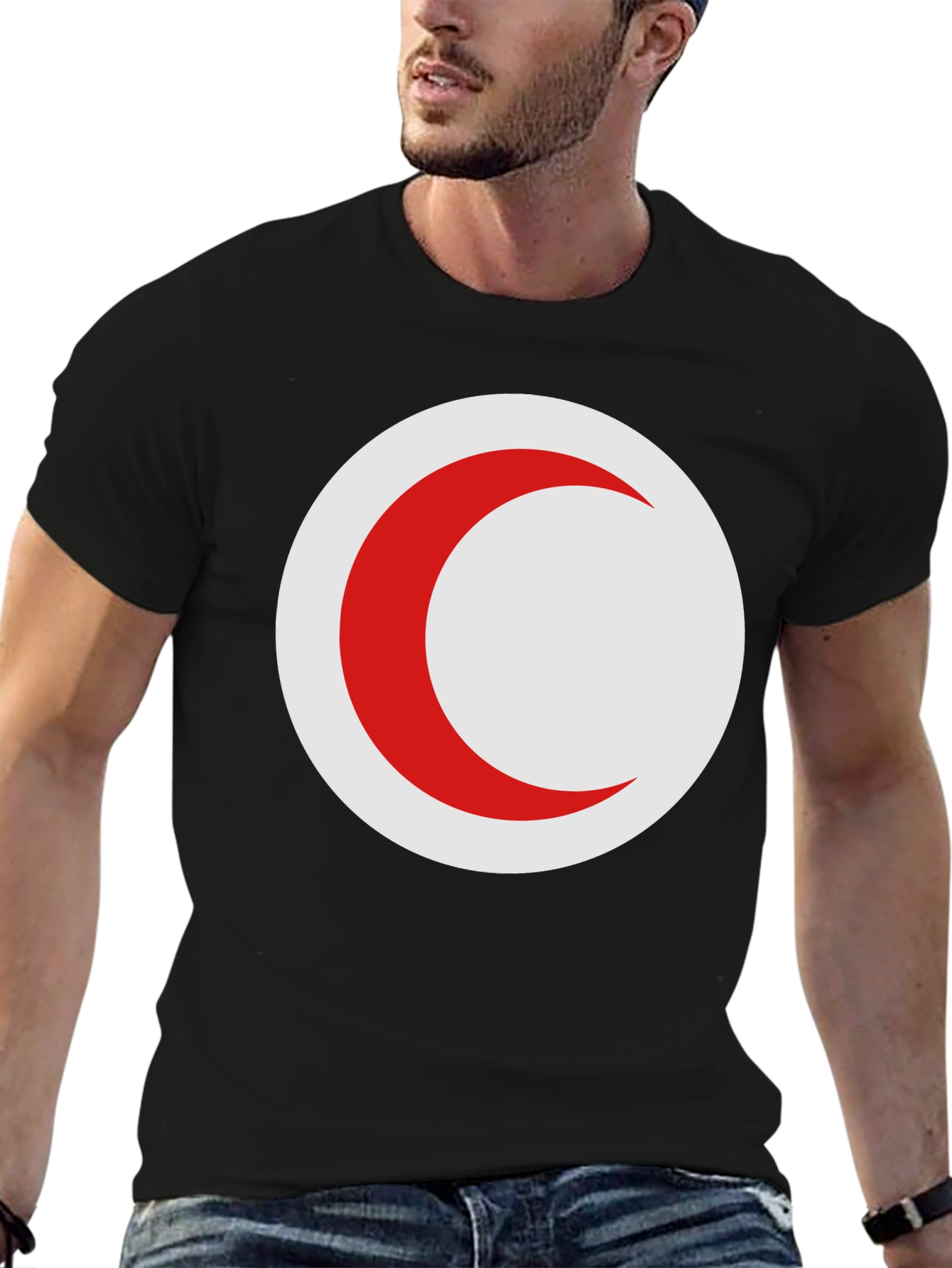 Red Crescent Moon on Black T-Shirt